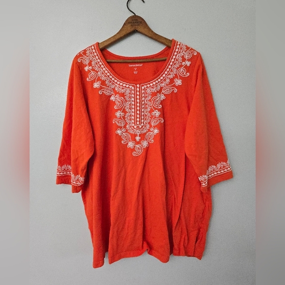 Woman Within 2X Tunic Top Embroidered Boho Scoop Neck Orange Elbow Sleeve Flowy - Picture 1 of 11
